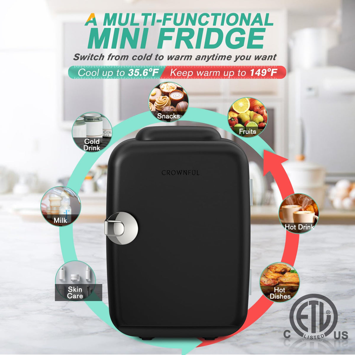 CROWNFUL Mini Fridge, 4 Liter/6 Can Portable Cooler and Warmer Personal Refrigerator for Skin Care, Cosmetics, Beverage, Food,Great for Bedroom, Office, Car, Dorm, ETL Listed (White)