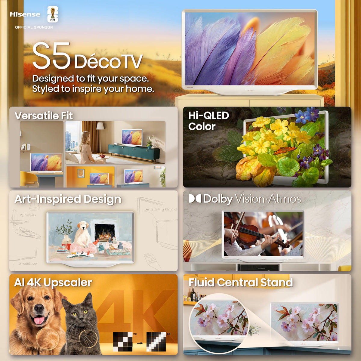 Hisense 32-Inch S5 DécoTV Series Hi-QLED FHD Smart Fire TV (32S5QF) - Versatile Fit, Hi-QLED Color, Art-Inspired Design, Fluid Central Stand, DTS Virtual: X, Stream Live TV Without Cable