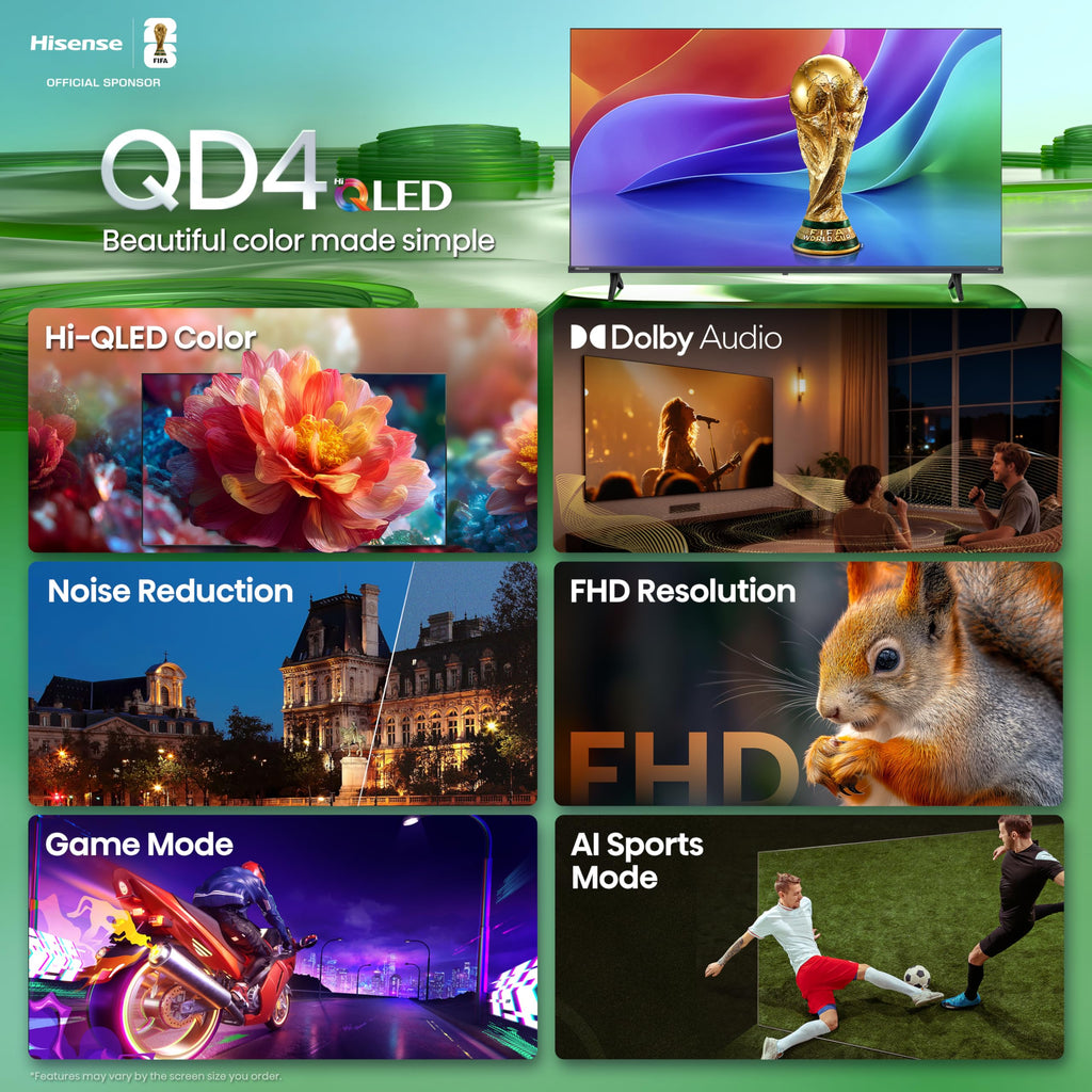 Hisense 32-Inch Class QD4SR Series Hi-QLED HD Smart Roku TV (32QD4HSR, 2026 Model) – Hi-QLED Color, Dolby Audio, Compatible with Alexa, Full Array LED, Slim Bezel Design